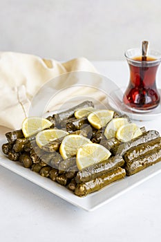 Stuffed leaves with olive oil on a white background. Local name zeytinyagli yaprak sarma