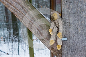 Stuffed monkey outside between some wooden beams during winter, adorable cuddle toy for children and adults
