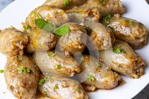 Stuffed Onion Dish. Stuffed onions from traditional Turkish dishes Turkish name; Sogan dolmasi