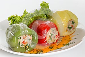 Stuffed paprika with meat, rice and vegetables. photo