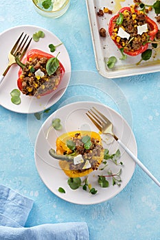 Stuffed pepper with quinoa and meat. Top view.