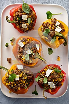 Stuffed pepper with quinoa and meat. Top view.