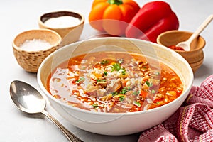 Stuffed pepper soup in bowl on concrete background