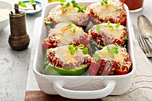 Stuffed peppers with marinara sauce and ground beef