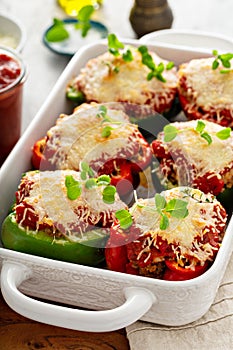 Stuffed peppers with marinara sauce and ground beef