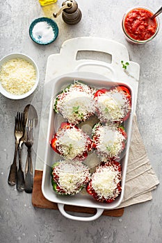 Stuffed peppers with marinara sauce and ground beef