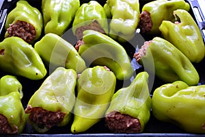 Stuffed peppers with meat on a baking tray