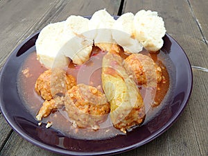 Stuffed peppers, minced meat, rice, tomato sauce, dumplings