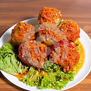 Stuffed peppers with rice and minced meat. Foreground. natural wooden background