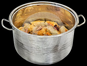 Stuffed Pickled Cabbage Rolls Sarma Cooked With Smoked Pork Ribs In Large Stainless Steel Saucepot Isolated On Black Background