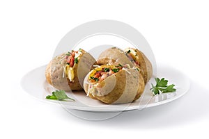 Stuffed potatoes with bacon and cheese on plate isolated