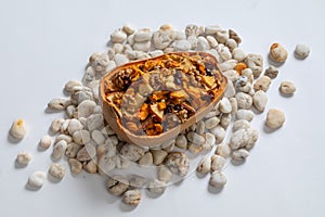 Stuffed pumpkin with nuts and dried fruits.