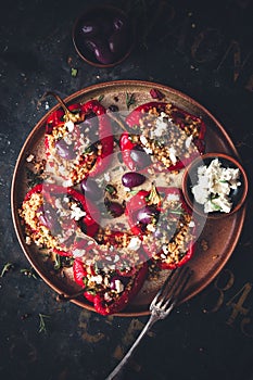 Stuffed Red Pepper with Millet, Chorizo, Feta Cheese and Greek Olive