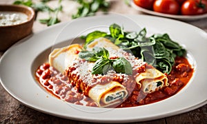 stuffed with ricotta cheese and spinach. Selective focus.