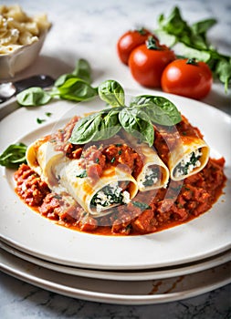 stuffed with ricotta cheese and spinach. Selective focus.