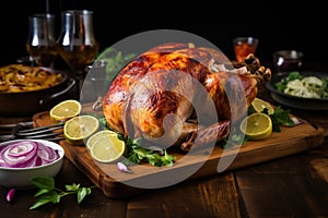 stuffed roast turkey on wooden board with garnishes