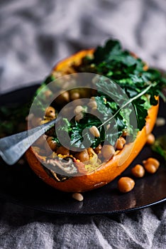 STUFFED SPAGHETTI SQUASH WITH CHICKPEAS and GARLICKY ARUGULA CREAM