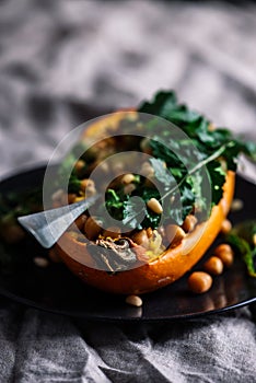 STUFFED SPAGHETTI SQUASH WITH CHICKPEAS and GARLICKY ARUGULA CREAM