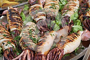 Stuffed squids in Ballaro market at Palermo