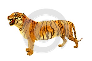 the stuffed tiger is isolated on a white background. A muzzle with a grin. Cut out image of orange roaring tiger