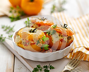 Stuffed tomatoes, baked yellow tomatoes stuffed with bulgur, vegetables and cheese with the addition of aromatic herbs in a baking