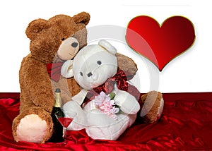 Stuffed Toy Bears in Romantic Mood for Valentin& x27;es Day. Large Red Heart for Text