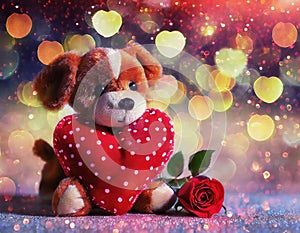 Stuffed Toy Dog holding heart shaped pillow and rose, Valentines Day concept