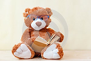 Stuffed toy Teddy bear in glass reading a book, showing that even read toys. the concept of baby learning