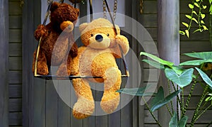 Stuffed toys two teddy bears on a swing