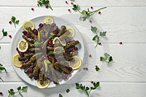Stuffed vine leaves. Cherry and lemon leaf wrapping