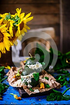 Stuffed zuccini with chicken alfredo..selective focus