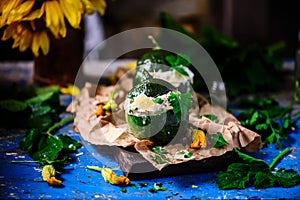 Stuffed zuccini with chicken alfredo..selective focus