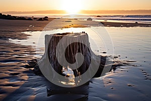 a stump on a beach, rings glinting in the sunlight