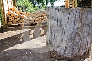 Stump for chopping wood with a pile of firewood