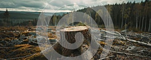 Stump in a deforested area with cloudy sky