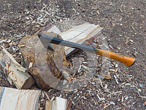 In the stump stuck a hatchet for splitting firewood.
