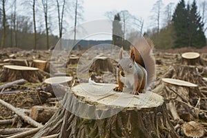 stumps in a cleared forest area with a lone squirrel