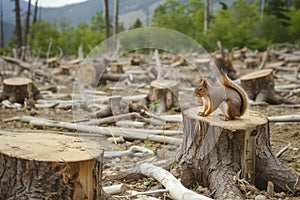 stumps in a cleared forest area with a lone squirrel