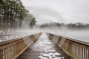 Stumpy Lake Fishing Pier in Snow, Ice and Fog