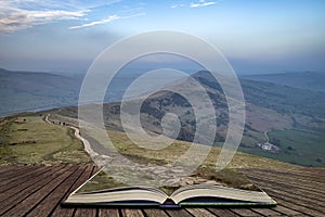 Stuning sunset landscape image of The Great Ridge in the Peak District in England  in pages of open book, story telling concept