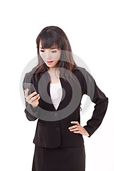 Stunned, surprised, exited businesswoman looking at smartphone