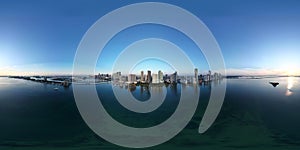 Stunning 360 aerial panorama of the Miami skyline at dawn.