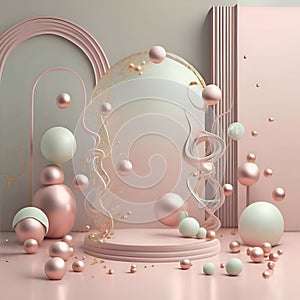 stunning 3D render futuristic background in pale pink-pistachio colors for branding and advertisement fashion or cosmetic product.