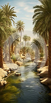 Stunning 3d Rendering Of Desert Oasis With Palm Trees And Stream