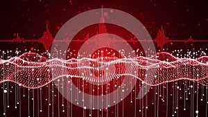 Abstract red background with digital waveform and connected dots for data visualization and technology concept