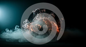 Glowing particle network bursts through dramatic smoke