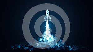 Futuristic Rocket Launch with Digital Network Visualization and Blue Glowing Effects against Dark Background.Generative AI