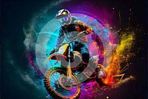 Motocross motorbike rider, dirt bike in space colorful and vibrant