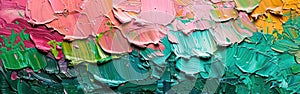 Vibrant Brushstrokes: Closeup of Colorful Abstract Painting with Green and Pink Palette Knife Texture on Canvas Background
