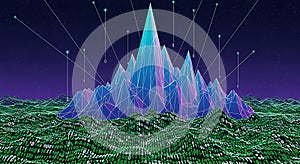 Abstract Futuristic Digital Landscape of Data Mountains and Binary Code